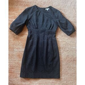 Eva Mendes Damask Black Career Cocktail Sheath Dress Size 4 Puffy Bubble Sleeve